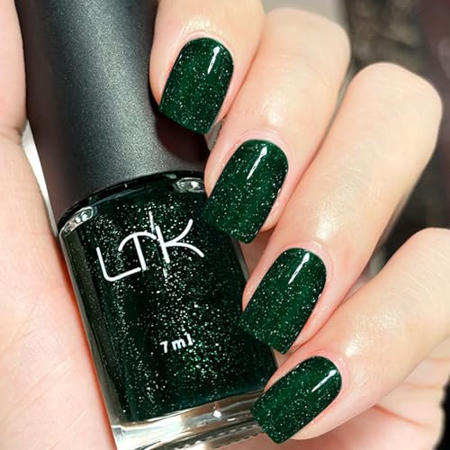 Green Nail Polish - Glitter Nail Varnish - Shimmer Dark Green Holographic Nail Varnish - Glossy Quick Dry & Long Lasting Nail Polish No Need Cure for Nail Art Manicure DIY