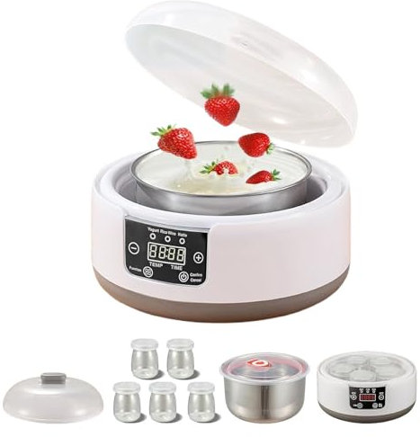 Probiotic Yoghurt Maker, Timer and Thermostat Control,1.2 Litre Automatic Yoghurt Maker,Multifunctional Digital Electric Yoghurt Maker,Yoghurt fermenter with 5 Glass Jars and 1 Stainless Steel Bowl