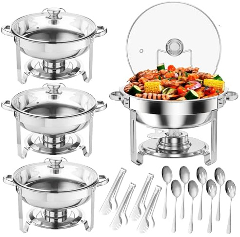 Chafing Dish Buffet-Set, 5 l, Edelstahl, rund, Catering-Wärmer mit Glasdeckel und Abdeckungshalter, Speisenwärmer für Partys, Hochzeiten, Geburtstage, silberfarbenes Glas, 4 Stück