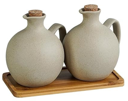 Juego de botellas dispensadoras de aceite de cerámica con tapón de corcho y bandeja, 500 ml, sin goteo, para cocina, almacenamiento de aceite y vinagre