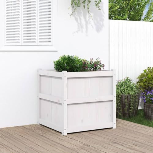 HaoChrymec Jardinière Carrée with Pin Massif, Grande Capacité, Jardinières Extérieur, Bac à Fleurs Extérieur, Jardinière Balcon, Balconnière Extérieure, Blanc, 70 x 70 x 70 cm