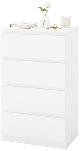 Ginhow Commode 4 Tiroirs Blanche Meuble de Rangement Salon Modernes Armoire Chambre Multifonctionnels Chiffonnier Commode Haute Table de Chevet Etroite Blanc Table de Nuit Minimaliste