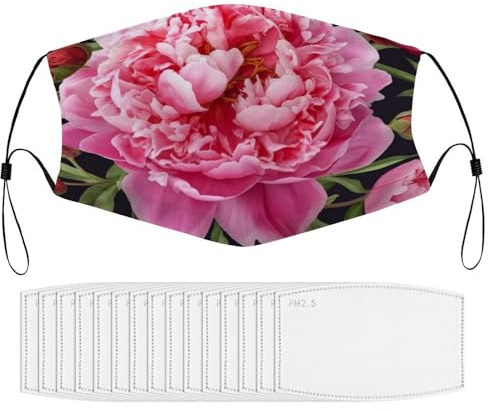BVKWNTSA Reusable Respirator Face Mask with Filter - Garden Peony Printed Breathable Cotton Dust/Paint Safety Cover, Adjustable Ear Straps & Nose Wire