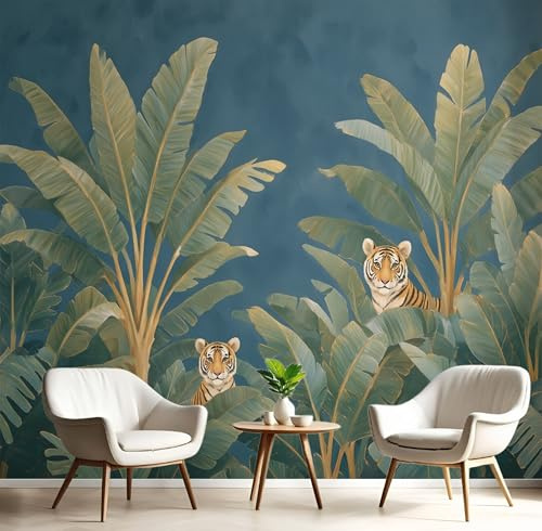 GSAEIMCT Photo Papier Peint Vert Brunâtre Tigre Du Bananier 3D Peintures Murales Restaurant Café Fond Jungle Aquarelle Chambre Bureau Couloir D'Écran Salon Tv D'Écran Mural Déco,350X260Cm