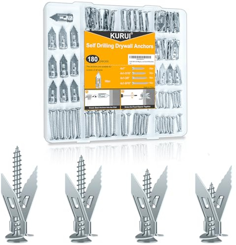 KURUI 180Pcs Self Drilling Drywall Anchors, Metal Heavy Duty Dry Wall Anchors and Screws Kit, Silver Renter Friendly Anchor for Sheetrock,Hollow Wall, Hanging Shelves,Mirrors,Wall Decor,Pictures