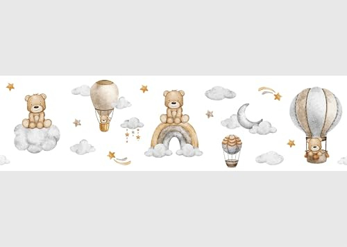 Selbstklebende Bordüre Bär Im Himmel Auf Weiß AG Design, AWBD 8540 | Wasserfest Kinderzimmer Wand Aufkleber Dekoration | Wandbordüre für Mädchen und Junge | Folie | Breite 500 cm x Höhe 13.8 cm