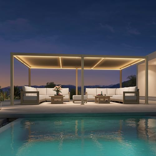 PURPLE LEAF Pergola Bioclimática 3,5 × 6,35 m de aluminio con LED, pérgola jardín exterior con hojas orientables, resistente a las temperías, superficie de 22,2 m², para terraza y patio, champán
