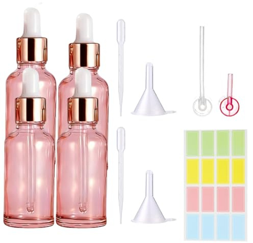KAHZOR 4Stück Pipettenflasche 50Ml, Rosa Tropfflasche Mit Trichter Und Trenner, Flasche Mit Pipette Für Ätherische Öle, Parfümöle, Flüssigfarbstoffen Aromatherapie -Mischungen, Glasflasche Mit Pipette