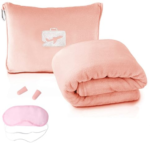 Veebmys Set Coperta e Cuscino da Viaggio 2 in 1, Coperta Aereo 60x50 Pollici Ultra Morbida e Calda, Portatile Include Maschera e Tappi per le Orecchie, per Aerei, Auto, Campeggio e Regalo (Rosa)