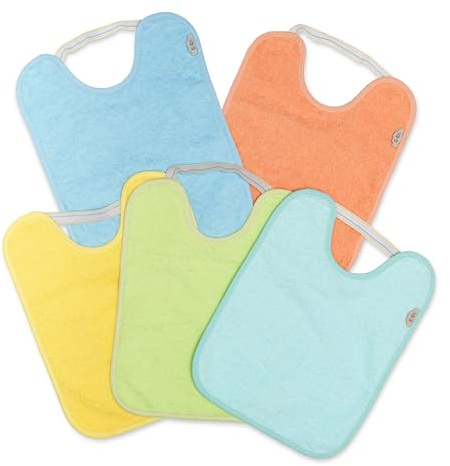 Ti TIN Pack 5 Bavaglini Impermeabili con Elastico per Asilo - Spugna di Cotone Ultra Assorbente Certificata OEKO-TEX per 6 a 12 Mesi