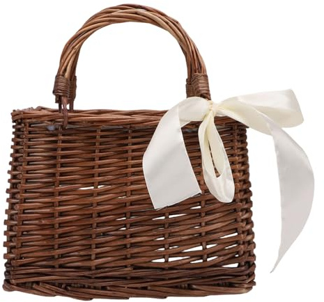 BAOFUYA Bärbar Rottinghandväska, Rektangel Stråväska Dekorativ Handvävd Korgväska med Handtag för Bröllopsfest Heminredning Picknickförvaring Blomsterpresent (med beige band)