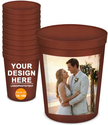 Vasos de plástico personalizados para estadios, paquete de 5/20/50 vasos con logotipos/texto impresos, 473 ml. Vasos para fiestas flexibles, irrompibles y reutilizables, color natural.，Marrón