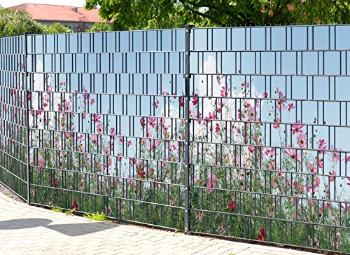 PerfectHD Zaunsichtschutz (über 10 weitere Motive) für Doppelstabmattenzaun *Sommerblumen* Motivdruck, 9 Stück 19cm Streifen, Rückseite neutral grau
