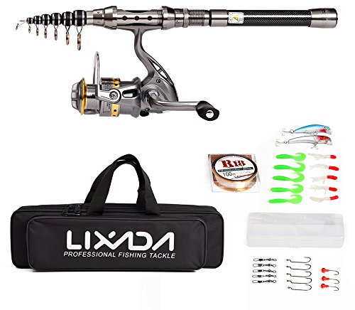 Lixada Teleskop Angelrute und Spule Combo Kit mit 100M Angelschnur Köder Haken Jigkopf und Fischen Tragetasche Fall Angelzubehör