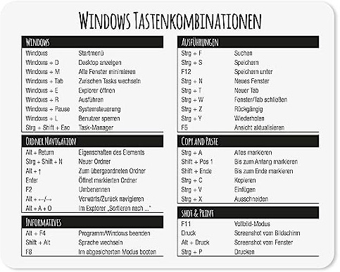 younikat Mauspad mit Windows Tastenkombinationen I 24 x 19 cm I Mousepad in Standargröße, rutschfest I Tasten-Kürzel I Befehle I Übersicht Shortcuts I dv324