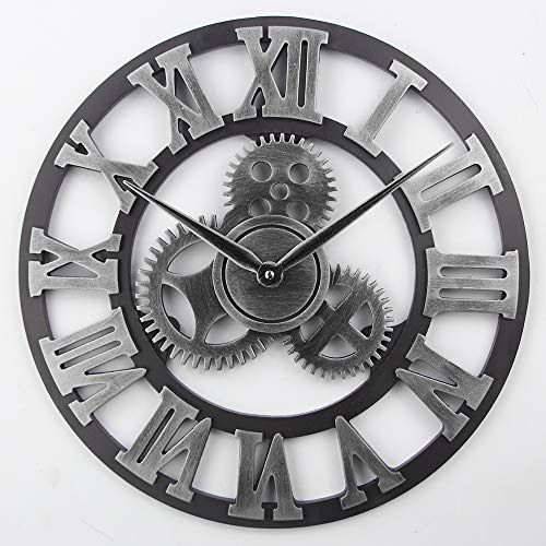 Timelike Atemberaubende leise Skelett-Wanduhr für drinnen und draußen, große Wanduhr mit römischen Ziffern, offenes Zifferblatt, Metall, rund, Eisen (Silber)