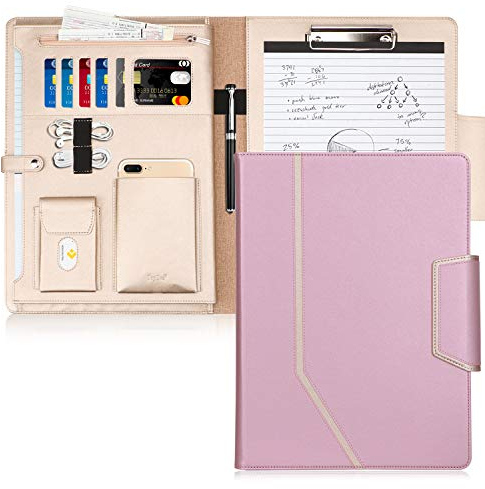 Toplive Schreibmappe A4 Konferenzmappe PU Leder Ordner Klemmbrett Dokumentenmappe, Kartenfächer, Visitenkartenetui- Perfekt als Konferenzmappe,Roségold