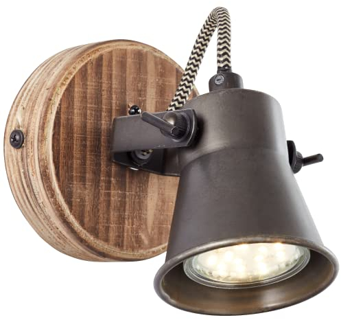 Lightbox Wandstrahler im Landhaus Stil - 13 x 10 cm - Wandspot mit schwenkbarem Kopf - für das Wohnzimmer - GU10 Fassung, max. 5 W - aus Metall/Kiefernholz - in Schwarz Stahlfarben/Hellbraun