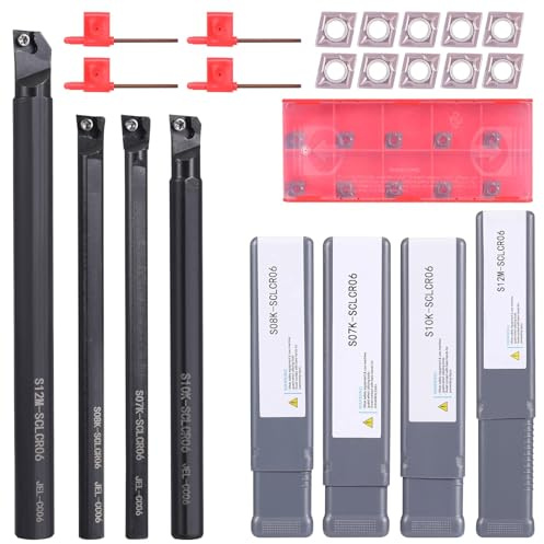 VerRich 14 Stück Wendeschneidplatten-Drehwerkzeugsatz,4 Stück Drehmaschinen-Drehhalter-Bohrstangensatz S07K-SCLCR06,S08K-SCLCR06,S10K-SCLCR06,S12M-SCLCR06 mit 10 Stück CCMT060204 Hartmetall-Einsätzen