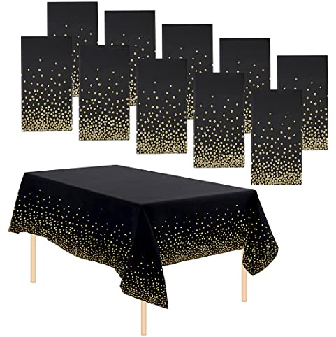 GIVIDORA 10 Pack Dot Table Covers - Disposable Plastic Tablecloths for Indoor/Outdoor Parties - Wipeable, Waterproof - Black & Gold (137 * 274 cm)