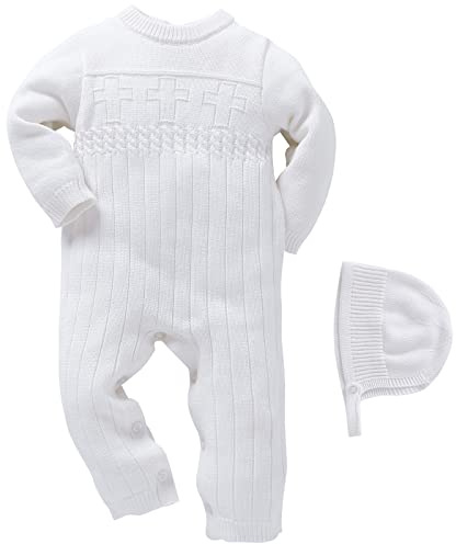 Booulfi Baby Boy's Christening Baptism Outfits Suit with Hat，Cross Detail Baby Boy Outfits Clothes 0-3 Months,White Baby Knit Romper Newborn Outfit Boy