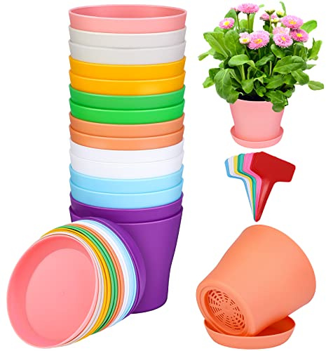 AOSGYA ADXCO 16 Stück 9,5 cm Kunststoff-Pflanzgefäße sortierte Blumentöpfe Setzling Kinderzimmer Töpfe mit Tablett, Outdoor-Indoor-Pflanzen für Setzling, Umpflanzen, Schneiden, 8 Farben