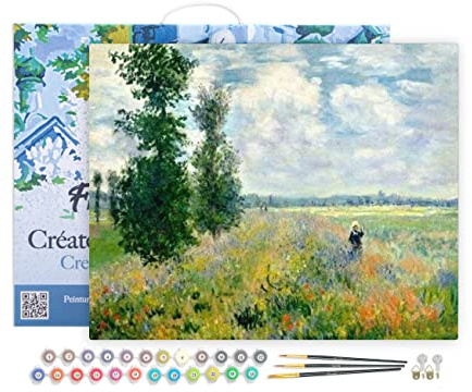 Figured'Art Peinture par Numéro Adulte avec Cadre - 40x50cm Toile tendue sur Châssis - Kit Loisir Créatif Détente - Déco DIY - Monet champ de coquelicots