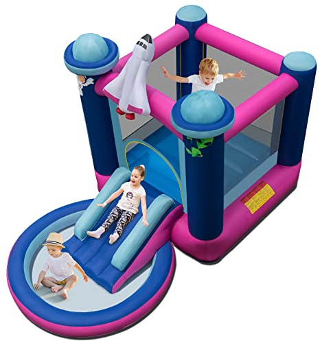 COSTWAY Hüpfburg mit Planschbecken, Hüpfschloss mit Rutsche, Outdoor Bouncer inkl. Tragetasche und Bodenpfählen, 393 x 207 x 270 cm