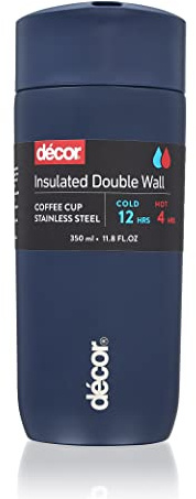 Décor Insulated Cool Touch Double Wall Travel Coffee Cup, Leak Proof Seal and Button Press Release Drink Feature. Vacuum Insulated, 4 Hours Hot and 12 Hours Cold. Navy Blue 350ml.