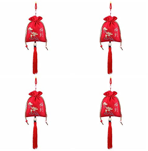 qbodp 4 Pcs Duftsäckchen Säckchen Bestickte Lotus-Beutel Geschenkbeutel Mit Kordelzug,Leerer Duftbeutel Mit Quaste,9 cm × 12 cm,Rot