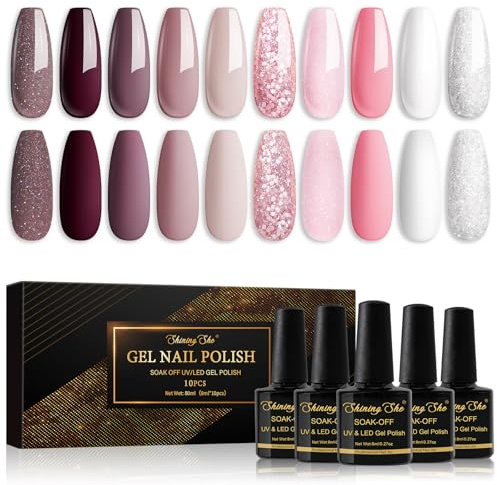 Shining She UV Nagellack Set,10 Farben Pink Weiß Braun Beige Glitzer Rosa Gel Nagellack,Soak-Off UV Gel Nail Polish Set für Anfänger Maniküre Salon, 8ML