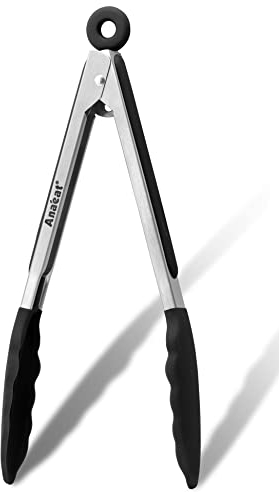 Anaeat Antihaft-Silikon-Greifzange – Edelstahl 18 cm Mini-Küchenzange mit rutschfesten Silikonspitzen und Griff zum Kochen, Backen und Grillen – hitzebeständig bis 480 °F (Schwarz)