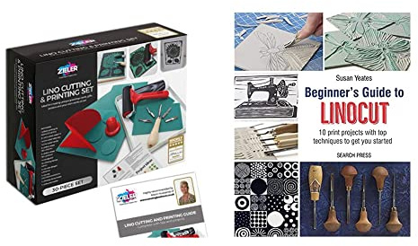 Lino Cutting & Printing Starter Kit (30-pieces) – by Zieler® Includes Starter Booklet! & Beginner’s Guide to Linocut: 10 print projects with top techniques to get you started