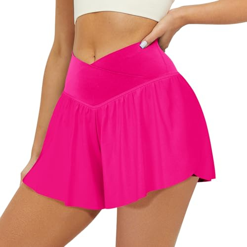 FireSwan - Pantalones cortos atléticos cruzados para mujer 2 en 1, pantalones cortos fluidos para correr con bolsillos, de spandex, estilo mariposa, para entrenamiento, tenis y falda deportiva, Rosa