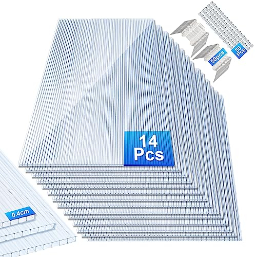 Sonnewelt Piastre per serra, 14 pezzi, con 50 clip a W e 50 clip a Z, tagliabili, 60,5 x 121 cm, in policarbonato a camera cava da 4 mm, trasparenti, per serra, giardinaggio, ecc