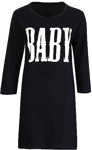 NR TEXTILES Dam nattlinne kortärmad sömn lång sommar sovskjorta rund hals nattkläder skjorta husklänning, Baby Tryck/Svart/Ls, Long Sleeve / XL(22-24)