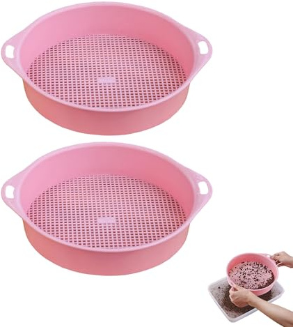 2Pcs Garden Riddle Sieve, 24cm Mesh Soil Compost Sieve 3mm Round Garden Sieve for Soil and Stones Earth and Rocks Sifter Riddler Plastic Mesh Soil Sifter Set for Garden(Pink)