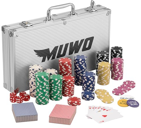 MUWO All In Pokerkoffer-Set mit 300 Chips oder mit 500 Chips Casino Komplettset im praktischem Alukoffer (300 Chips)