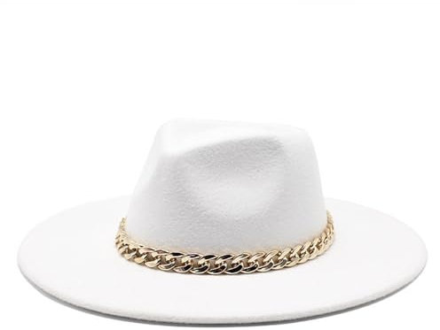 Fengyan Hut mit breiter Krempe, Jazzhut, britischer Stil, Wolle, Fedoras, Metallkette, klassischer Stil, Hut für Herren und Damen, Panama-Filzhut, weiß, 6 7/8-7 1/8