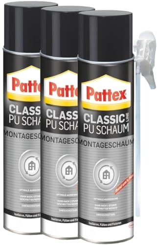 Pattex Classic PU-Montageschaum, Bauschaum für fast alle Bauuntergründe, starke Haftung, zum füllen und dämmen, 3x500ml