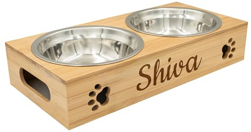 Geschenkfreunde Futterstation mit Name personalisiert - 39.5x19x8cm - Zwei 700ml Näpfe - Bambus Foodbar - Hunde Napfset - Hundenäpfe mit Gestell - Hunde Zubehör - Hundenapf mit Namen - Futternapf