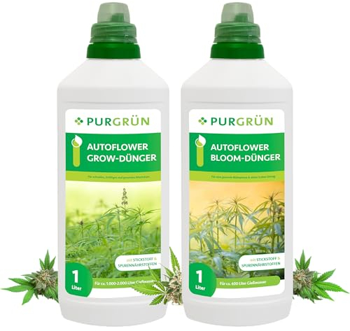 Purgrün® Autoflower-Dünger-Set 2 x 1 Liter – Schnell wirksame mineralische Rezeptur – Vollspektrum-Nährstoffe für Wachstum & Blüte – Flüssigdünger Indoor & Outdoor – Für eine ertragreiche Ernte