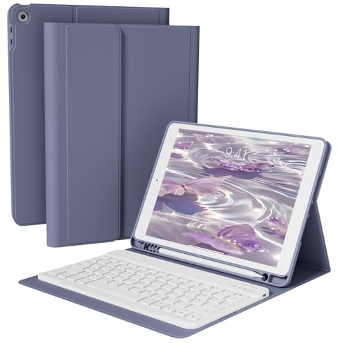 KVTVOU Funda con teclado para iPad de 10,2 pulgadas de 9ª/8ª y 7ª generación con soporte para bolígrafo, funda extraíble inalámbrica para iPad 10,2, color morado