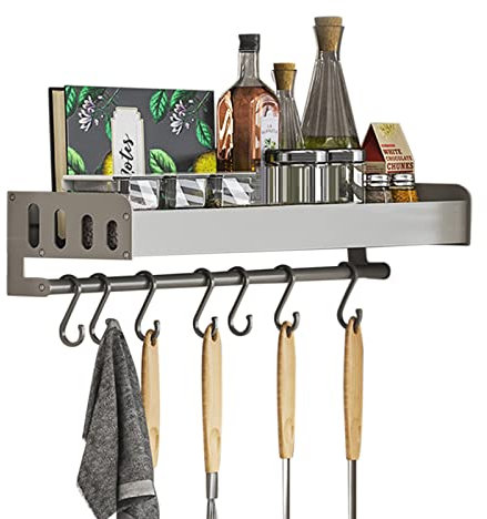 Küchenwandaufbewahrung, Wandmontage, Gewürzregal mit Haken, Gewürzregal, selbstklebend, ohne Bohren, mit Handtuchhalter, graues Space-Aluminium, für Badezimmer, Balkon, 35 cm (35 cm)