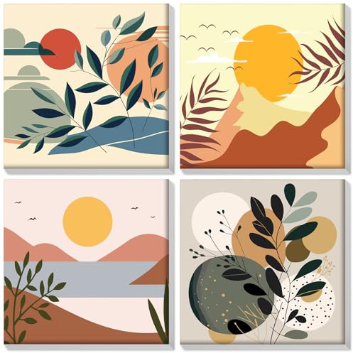 HEIBAGO Inramad Paint by Numbers för vuxna, 4-pack boho stil måla efter siffror för nybörjare, DIY blommor oljemålning efter siffror för dekoration, 8 × 8 tum