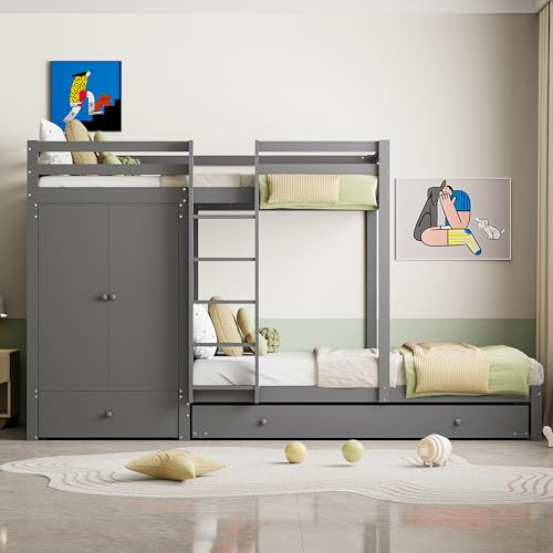 Kebnor Etagenbett aus Massivholz 90 * 200 mit Ausziehbett, multifunktionales Kinderbett mit Kleiderschrank, Schubladen und Ablagefach (Grau)