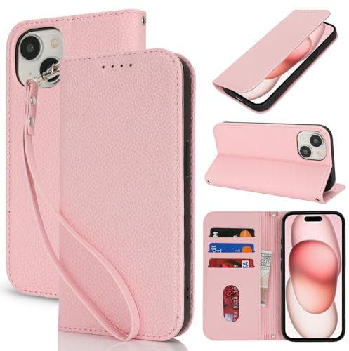 Lipvina Coque pour iPhone 15 en Cuir Portefeuille avec Porte Carte et Rabat Clapet - Etui Antichoc Magnétique pour Protection Complète de Votre iPhone 15,Rose