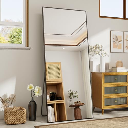 Koonmi 171 x 76 cm Standspiegel, robust Ganzkörperspiegel mit minimalistische schmaler Aluminiumrahmen, modern großer Wandspiegel stehend oder hängend für Wohnzimmer und Schlafzimmer, Schwarz