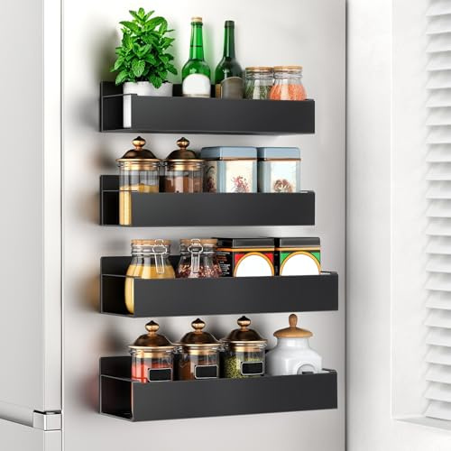 Magnetisches Gewürzregal, 4 Stück Kühlschrank Magnete Regal, Ohne Bohren | Metall, 2 Formate, Gelochter Boden, Wasserdicht, Geeignet FürMikrowelle, Platzsparend, 3.6kg Tragfähigkeit, Schwarz