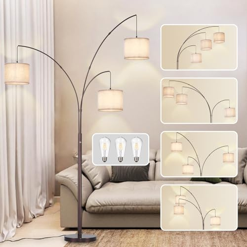 DLLT Moderne Stehleuchte für den Raum: 3 Licht Stehlampen mit Beigefarbenen Schirmen für Wohnzimmer - Bogenlampe für Schlafzimmer - Hohe stehleuchte für Büro Ecke Braun 3 LED-Birnen inbegriffen